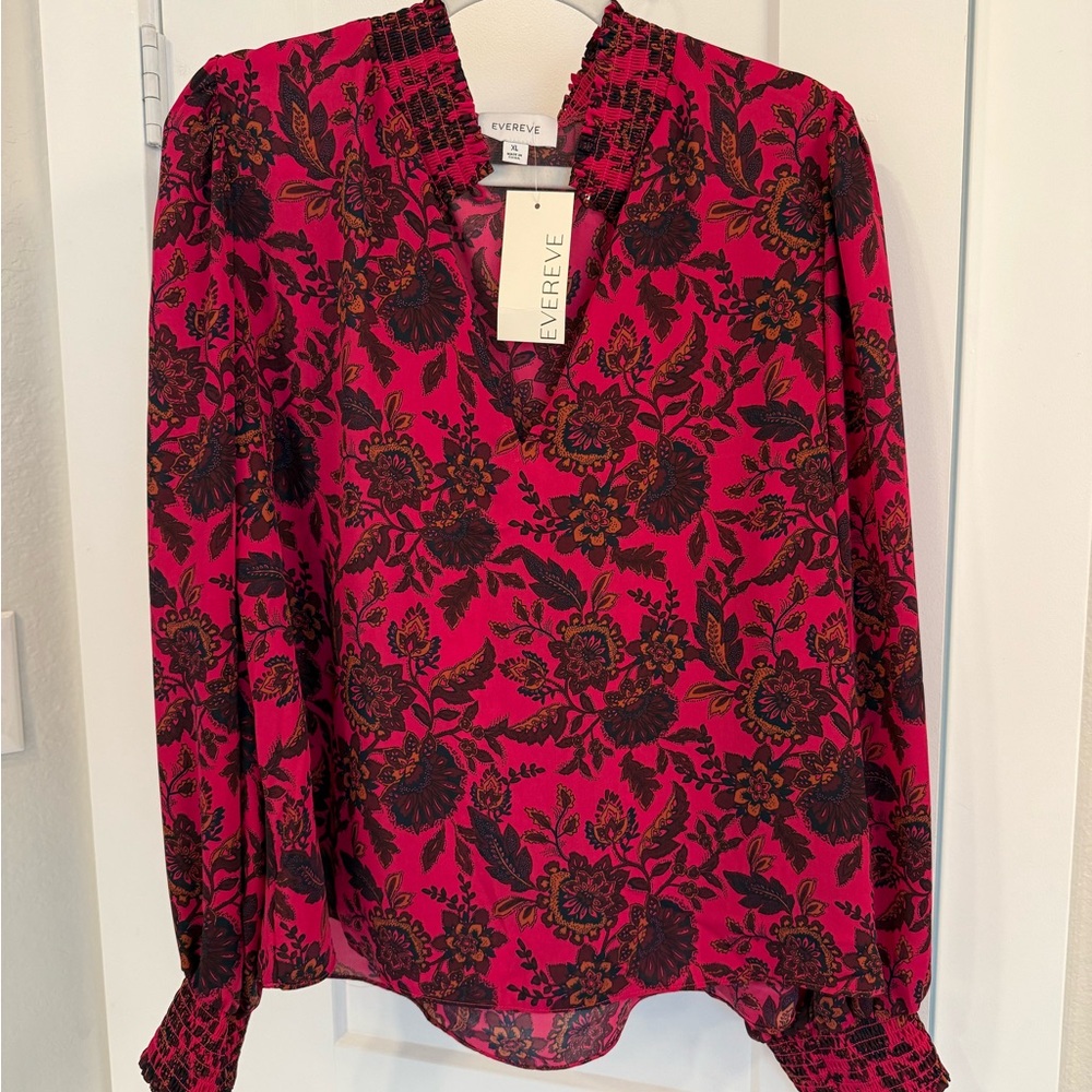 NWT Size XL- Evereve Pink Long Sleeve Relaxed Blouse with Mandarin Collar